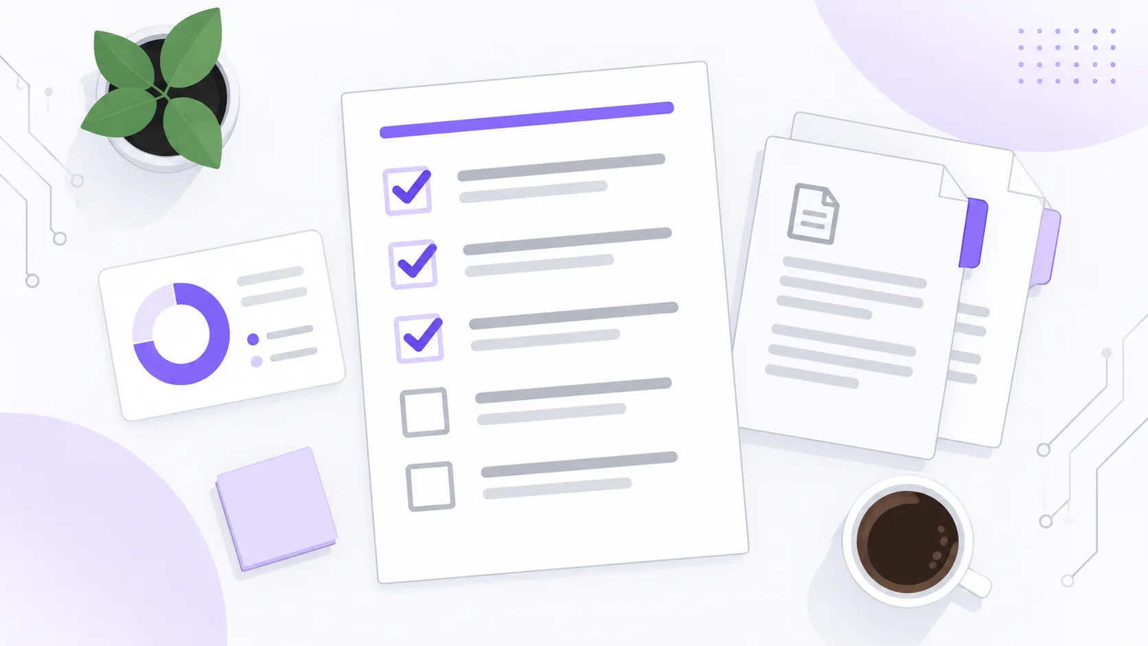 Overhead evidence review desk with an ISO 27001 checklist, supporting records and a violet scoring indicator