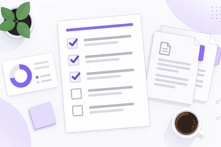 Overhead evidence review desk with an ISO 27001 checklist, supporting records and a violet scoring indicator