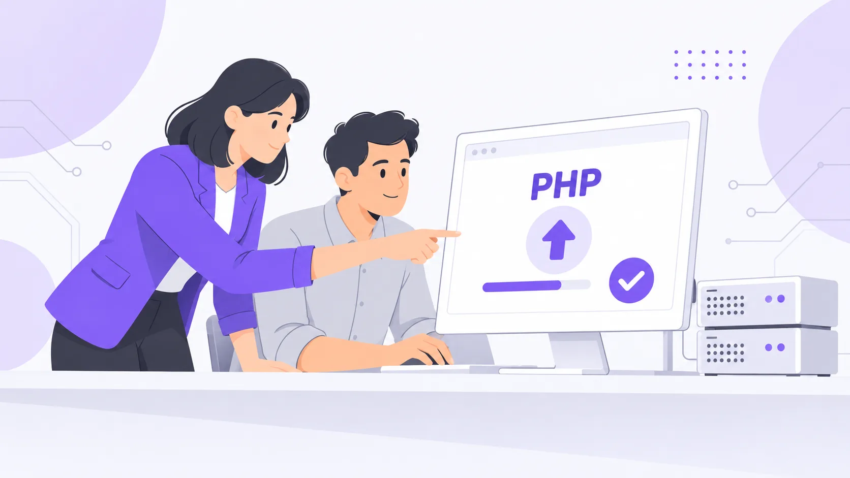 A security specialist helping a colleague verify a PHP update on a workstation beside application servers