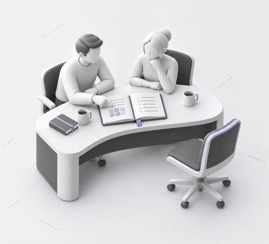 Two colleagues sharing knowledge at a desk, with an open seat for a new teammate.